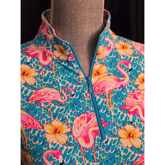 NWOT IBKUL Penny Turquoise Flamingo Long Sleeve Mock Golf Shirt, Size Medium - Picture 3 of 8